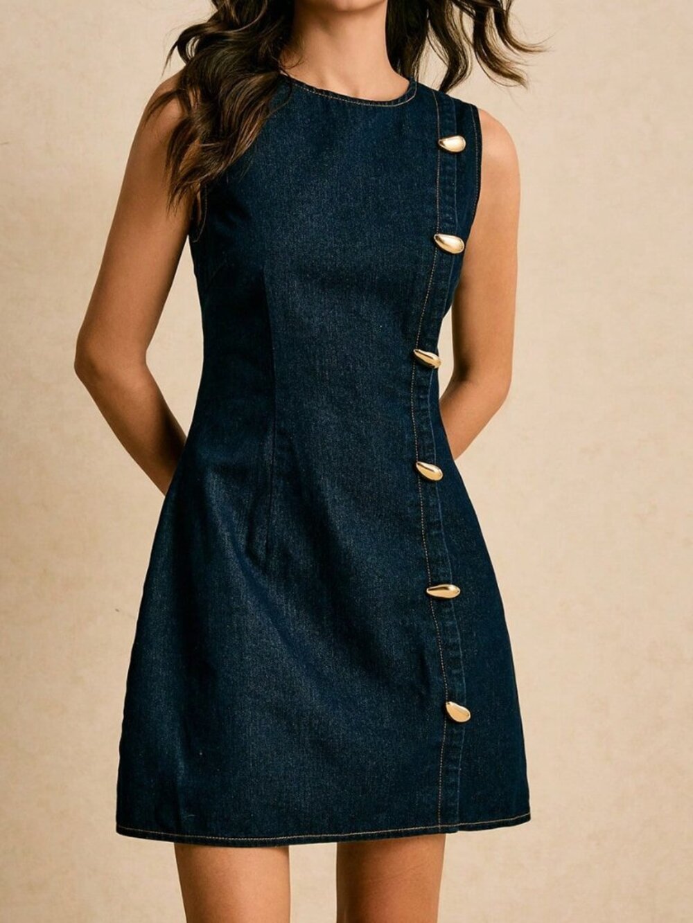 Dark Wash Casual Women's Sleeveless Button-Front Short Dress with Fitted Waist - Picture 2 of 8